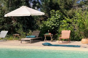 Chambre d'hôtes à Evisa, le coin piscine et transats.